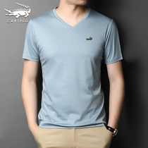 Crocodile summer V-neck mercerized cotton short-sleeved T-shirt mens solid color half-sleeved fashion base shirt mens cotton T-shirt thin