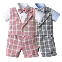 Male baby suit 2021 summer new gentleman dress childrens year-old plaid short-sleeved fake vest two-piece set