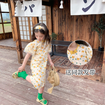 Girls short sleeve cheongsam dress 2021 summer childrens baby girl retro bubble sleeve cotton dress