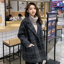 Wear a plaid wool coat outside womens autumn and winter 2021 new womens green loose coat outside the top