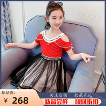 South Korean girls summer dew shoulder one-piece dress trendy ocean qi children short sleeve mesh dress little girl princess dress damp