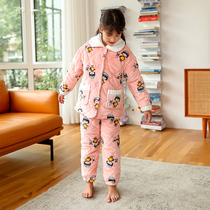 Girls coral velvet three-layer cotton pajamas autumn and winter childrens flannel home clothing middle-aged children plus velvet thickened