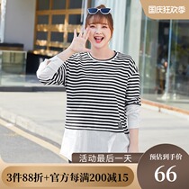 (Clearance 80 yuan) Large size womens 2021 autumn fat sister embroidery letter color striped fake two sweater