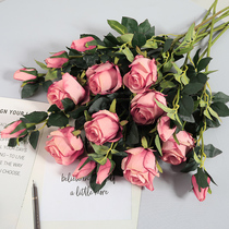 Simulation Bulgarian rose retro bouquet single branch living room dining table decoration dry floral home decoration vase