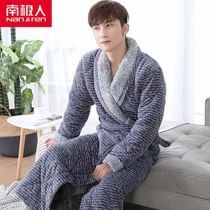 Mens dressing gown winter coral velvet cotton long three-layer bathrobe warm padded velvet winter flannel pajamas