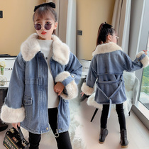 Girl Autumn Winter Denim Jacket 2021 New Winter Clothing Foreign Air Children Plus Suede Thickened Pie Overcomes Cashew Childrens Clothing