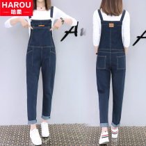Denim backpack pants children spring and autumn clothing 2021 New Junior High School High School students Korean version of loose suspender trousers