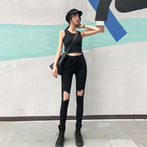 Ripped jeans women cropped high waist black 2020 spring Korean version of the net red appear thin and tall tight small leg pants women