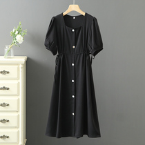 Waist solid color princess dress female 2021 summer new French design feel bubble sleeve Hepburn wind small black dress