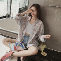 2022 new cotton linen vertical striped shirt sunscreen woman mid length bf wind 100 lap air conditioning cardiovert jacket