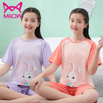 Cat girl girl cotton short sleeve suit pajamas summer thin girl spring summer Middle School child home clothing youth