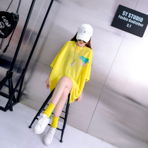 Large size womens summer letters short-sleeved t-shirt Korean version of the trendy personality foreign style fashion top mid-length loose t-shirt