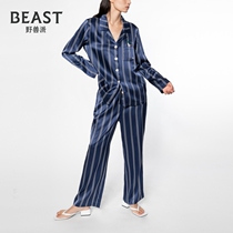 THEBEAST Fauvist kitten fishing blue stripe printed silk can be worn outside THE couple pajamas home clothes