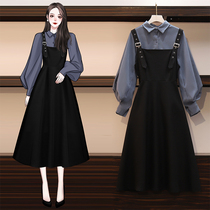 2021 Autumn New slightly fat sister size dress women thin meat shirt strap skirt wear two-piece set