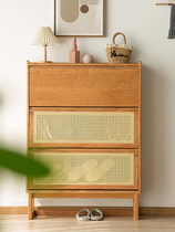 Nordic Day-style rattan-knitted shoes cabinet solid wood small doorway cherry wood designer flipped ultrathin into the door of the door