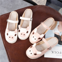 Japanese summer and autumn hipster cute piggy buckle Baotou sandals flat sandals linen students single shoes tide