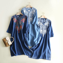 Summer new ethnic wind Colour Blossom Embroidered Collar 70% Sleeves Head Denim Dress Slim-dresses Tested Fork Skirt