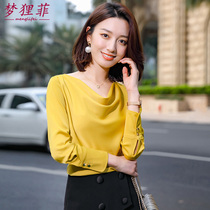 Spring and autumn new pile collar base shirt womens long-sleeved chiffon shirt design niche top waist casual shirt