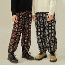 Pear Xiaoxian girl 2021 autumn and winter New retro style small flower Flower knit pants Joker all-around middle and big children one velvet pants