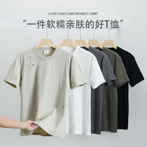 Hanska mens pure color short sleeve T-shirt male 2022 Summer new broken hole round collar Advanced senses half sleeve undershirt