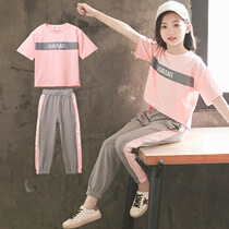 Girls fashion foreign style pink short sleeve T-shirt sports trousers set cotton casual half sleeve sportswear set 8