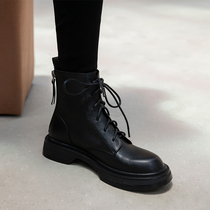 Martin boots womens British style autumn and winter 2021 new black leather single boots womens all-match flat thick-heeled boots