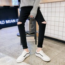 Knee one-word hole jeans men summer slim feet small feet ice silk hanging mens pants Korean trend Joker long pants