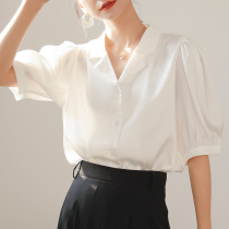True Silk White Shirt Woman Short Sleeve Design Sensation Small Crowd Bubble Cuff Casual Temperament Loose Shirt Jacket thin and thin