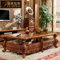  Villa European-style coffee table Solid wood carved large living room American high-end villa coffee table Marble coffee table Tea table