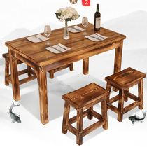 Carbonized solid wood Hotel table and chair combination Noodle restaurant Fast food Barbecue Restaurant table and chair Snack bar Restaurant table Rectangular