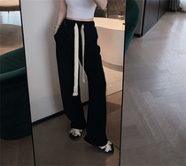 Black Draw Rope Casual Pants Woman Spring Autumn Straight Cylinder Loose high waist display slim width legs movement drag long pants Ins