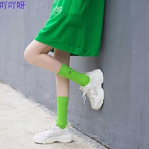 Fluorescent color socks womens autumn socks Korean version of fluorescent green embroidery smile street shoot ins tide spring and autumn Net red tide