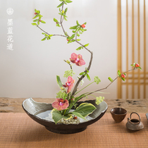 Willow leaf ceramic flower plate Chinese flower arrangement utensils big Zen flower arrangement flower device Jianshan flower arrangement base flower pot retro