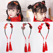 Vintage Chinese Style Girls Hanfu Headdress Red Tang Costume Hair ornaments Tassels Ancient style New Year ornaments Hair band baby