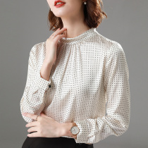 2020 new spring and summer silk shirt womens half high round neck shirt shirt pullover polka spot long sleeve mulberry silk shirt
