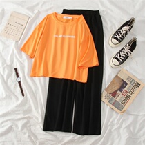 Single set summer new students Korean short sleeve T-shirt loose thin casual wide leg pants womens two-piece set