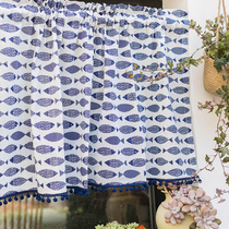 Cotton and linen curtain small fish short half curtain wear Rod curtain Mediterranean style British bay window short curtain half curtain dustproof