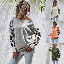 Shoulder sweater women's stitched T-shirt sleeve leopard pri