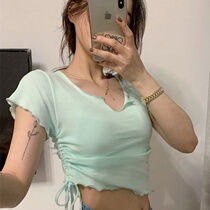  Side waist strap drawstring sweater Summer V-neck pullover short-sleeved ice silk slim-fit solid color top Wild T-shirt Womens clothing