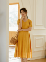 Seven volume a cut new dress female summer small yellow short sleeve jacquard hollow temperament long skirt skirt 224