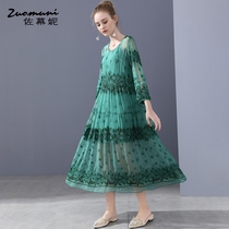 Sasuni green silk Mulberry silk dress women embroidery 2021 autumn new long loose 11465