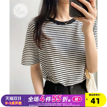 yoe short sleeve 2020 new summer Korean version of ins style simple joker slim black striped loose T-shirt female