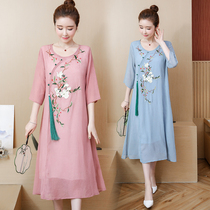 Large size womens fat skirt summer mm modified cheongsam tassel skirt Yang air fairy belly dress belly dress loose