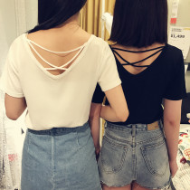 Summer Korean black cross V neck ice knitted base shirt women loose slim short sleeve T-shirt top tide sexy