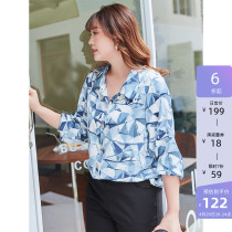 MsShe Big Code Womens Dress 2022 New Spring Dress Slightly Fat Sister Satin Snow-spun Printed Medium Long Shirts Blouses