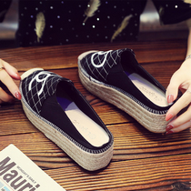 Summer Net Red fashion half slippers women thick bottom straw woven fisherman shoes small fragrant wind bag head pine cake cool drag outside I