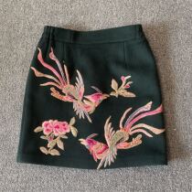 Cloud decoration totem 2021 original ethnic style womens hand-embroidered color double phoenix casual woolen skirt