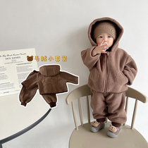 Boys suit autumn and winter clothes baby soft plush hooded top baby warm velvet sweater pants two-piece set