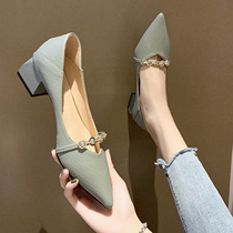 Pointy Grandma Shoes Single Shoes Woman 2022 Summer New temperament coarse heel Soft leather heel high heels Fairy Shoes