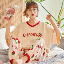 Pajamas women summer cotton short sleeve pants set Korean cartoon student two-piece thin household clothing can be worn outside